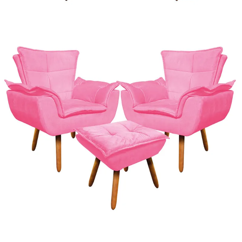02 Poltronas e 01 Puff Pé Palito de Madeira Opala Suede D03 - D'Rossi Rosa Barbie