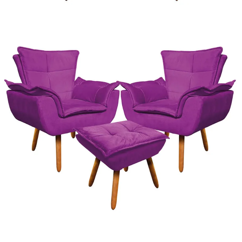 02 Poltronas e 01 Puff Pé Palito de Madeira Opala Suede D03 - D'Rossi Roxo
