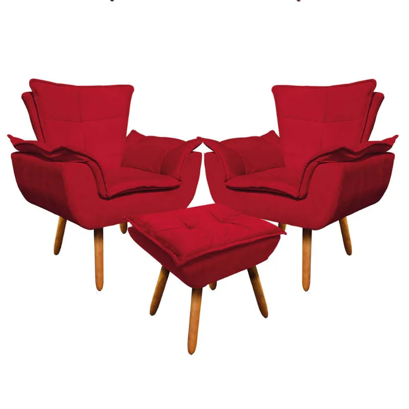02 Poltronas e 01 Puff Pé Palito de Madeira Opala Suede D03 - D'Rossi Vermelho