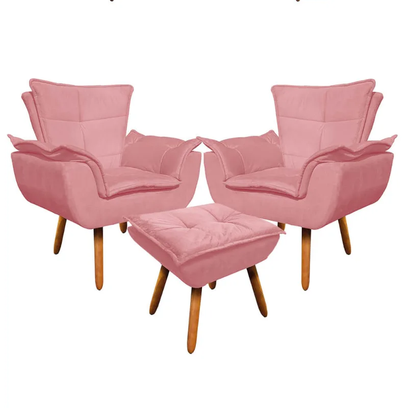 02 Poltronas e 01 Puff Pé Palito de Madeira Opala Suede D03 - D'Rossi Rose