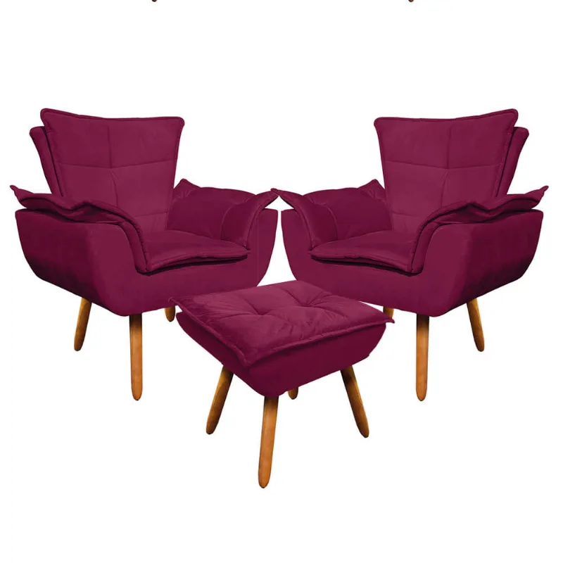 02 Poltronas e 01 Puff Pé Palito de Madeira Opala Suede D03 - D'Rossi Vinho