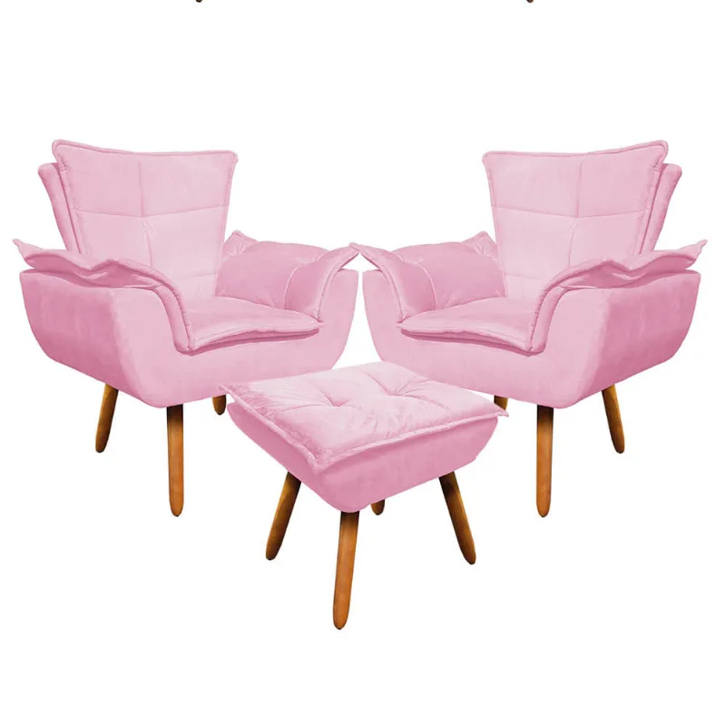02 Poltronas e 01 Puff Pé Palito de Madeira Opala Suede D03 - D'Rossi Rosa Bebê