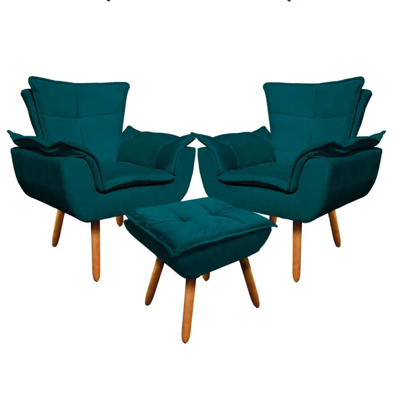 02 Poltronas e 01 Puff Pé Palito de Madeira Opala Suede D03 - D'Rossi Azul Pavão