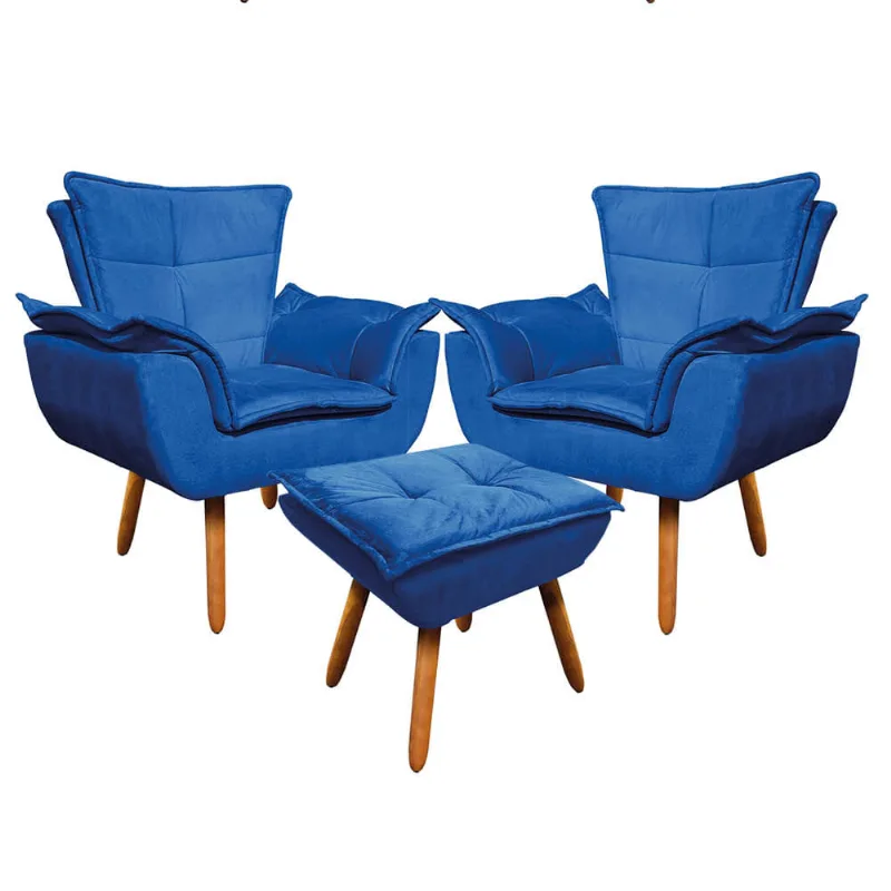 02 Poltronas e 01 Puff Pé Palito de Madeira Opala Suede D03 - D'Rossi Azul Royal