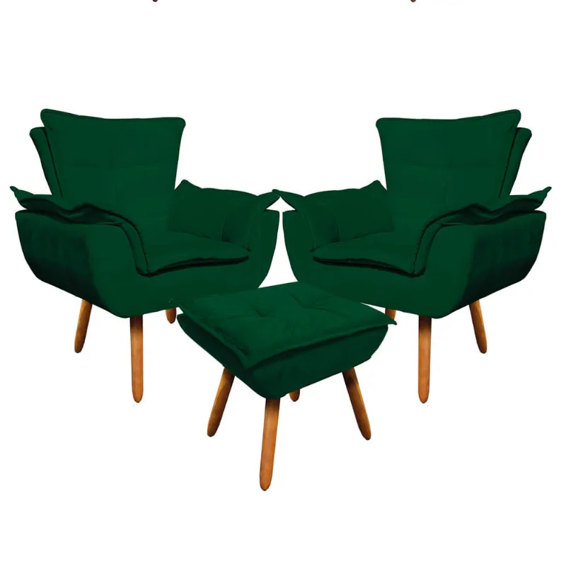 02 Poltronas e 01 Puff Pé Palito de Madeira Opala Suede D03 - D'Rossi Verde