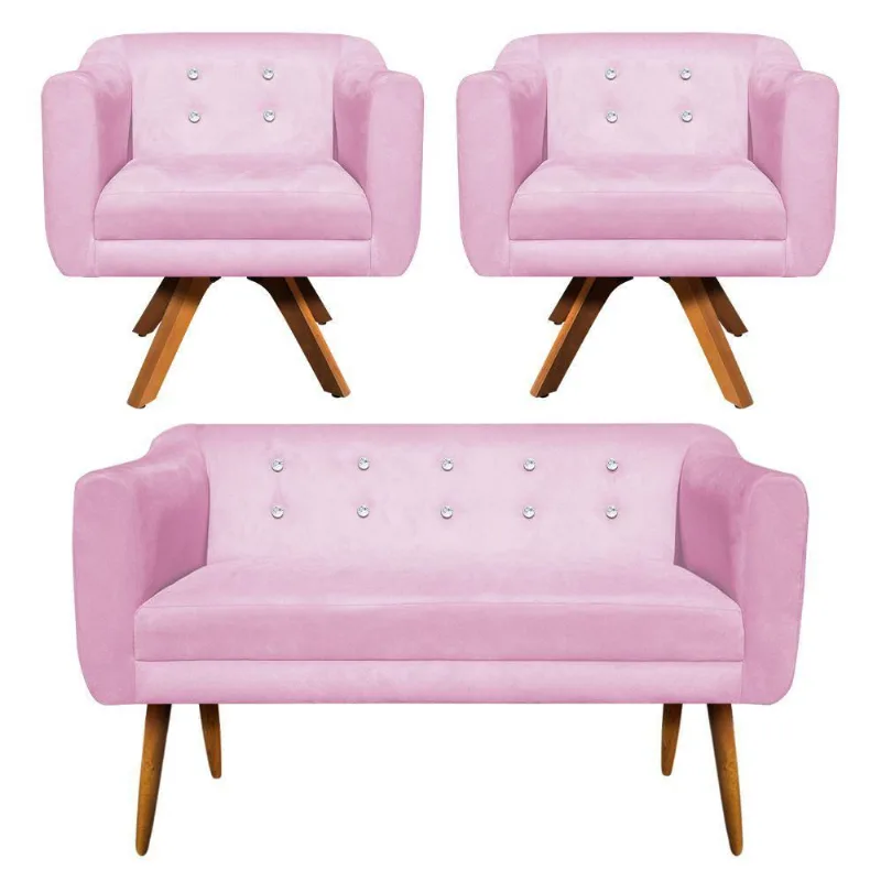 Kit 01 Namoradeira E 02 Poltronas Julia Suede Rosa Bebê