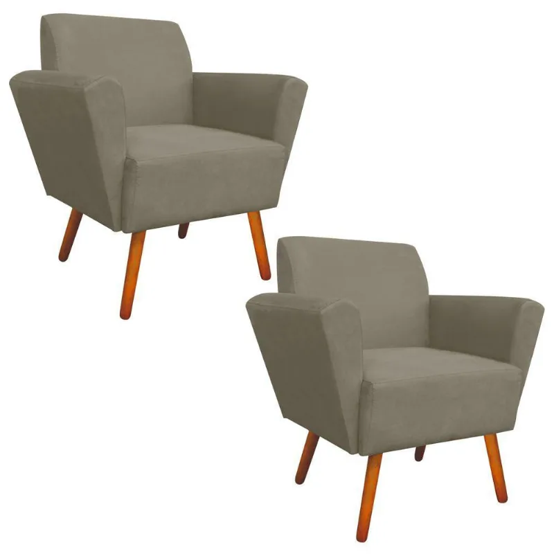 Kit 02 Poltronas Dora Suede Pés Palito Castanho Marrom Rato