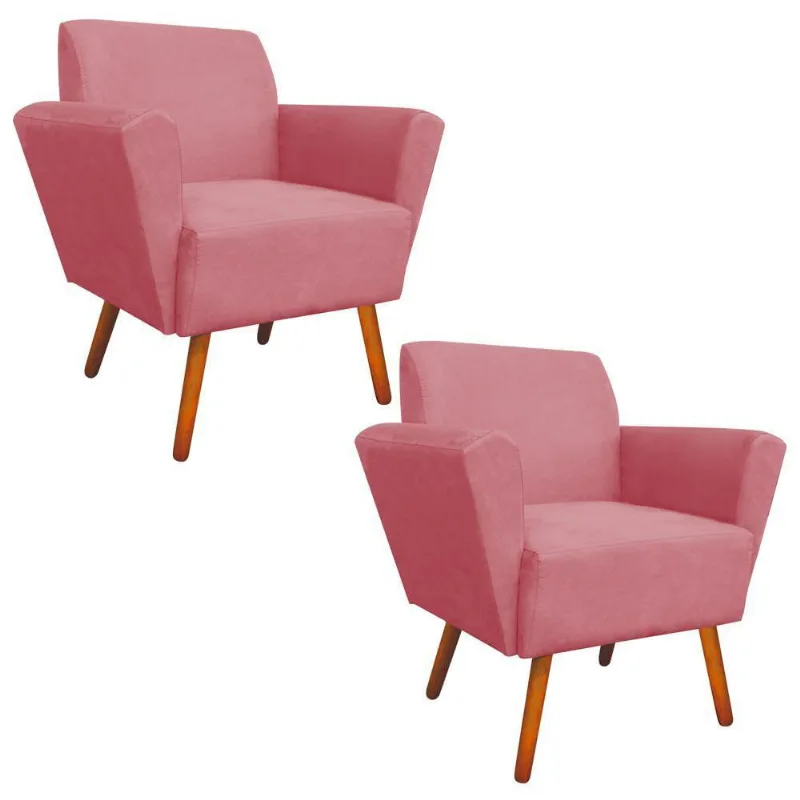 Kit 02 Poltronas Dora Suede Pés Palito Castanho Rose