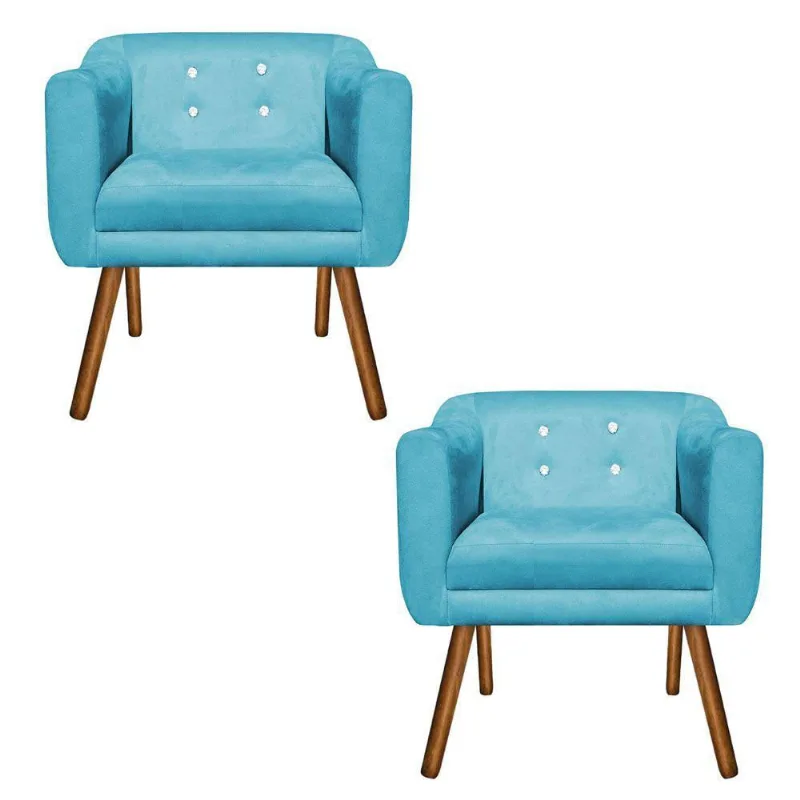 Kit 02 Poltronas Julia Suede Azul Turquesa