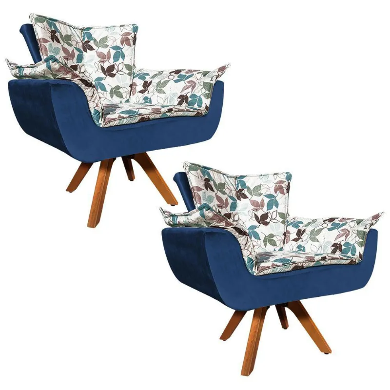 Kit 02 Poltronas Giratória Opala Folhas Azul Marinho