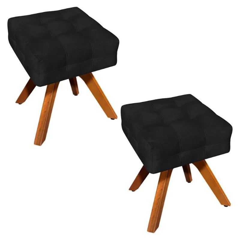 Kit 02 Puffs Giratório Elisa Suede Base Madeira Mm30 Preto