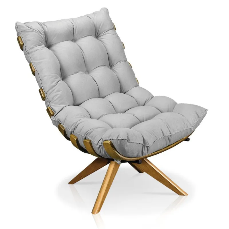 Poltrona Giratória Costela Suede Base Madeira Cinza
