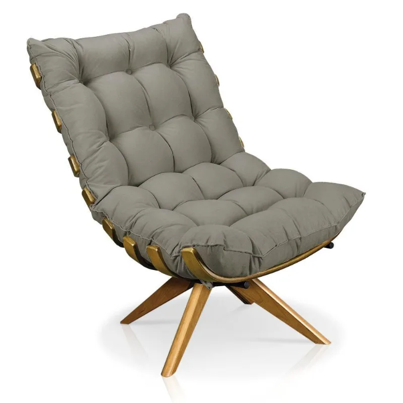 Poltrona Giratória Costela Suede Base Madeira Marrom Rato