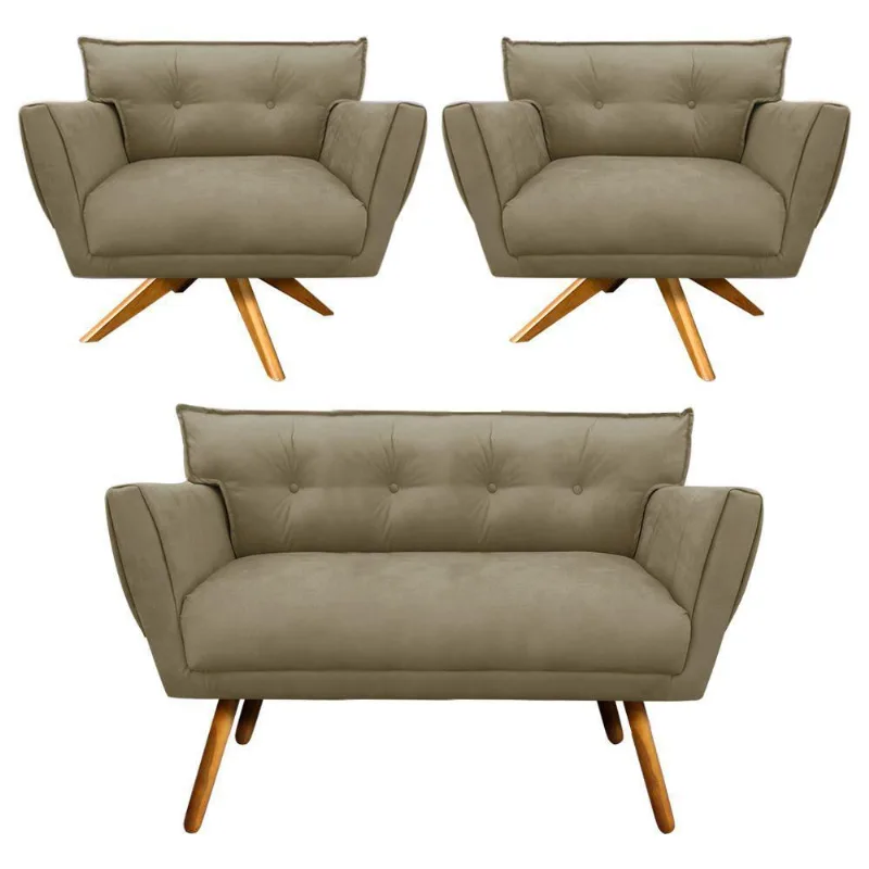 Kit 01 Namoradeira E 02 Poltronas Anitta Suede Marrom Rato