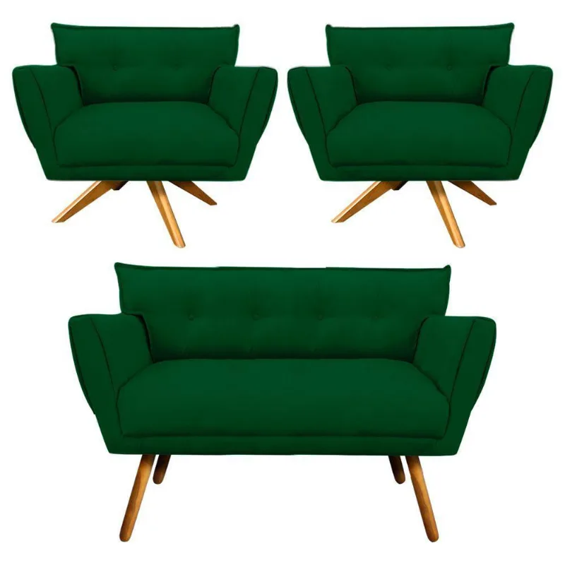 Kit 01 Namoradeira E 02 Poltronas Anitta Suede Verde