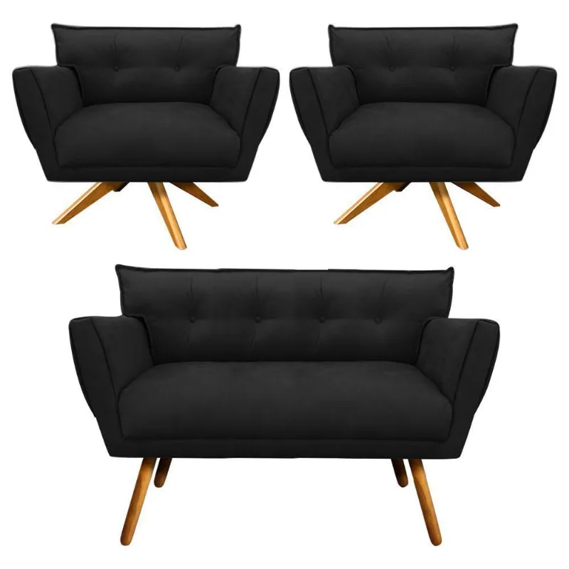 Kit 01 Namoradeira E 02 Poltronas Anitta Suede Preto