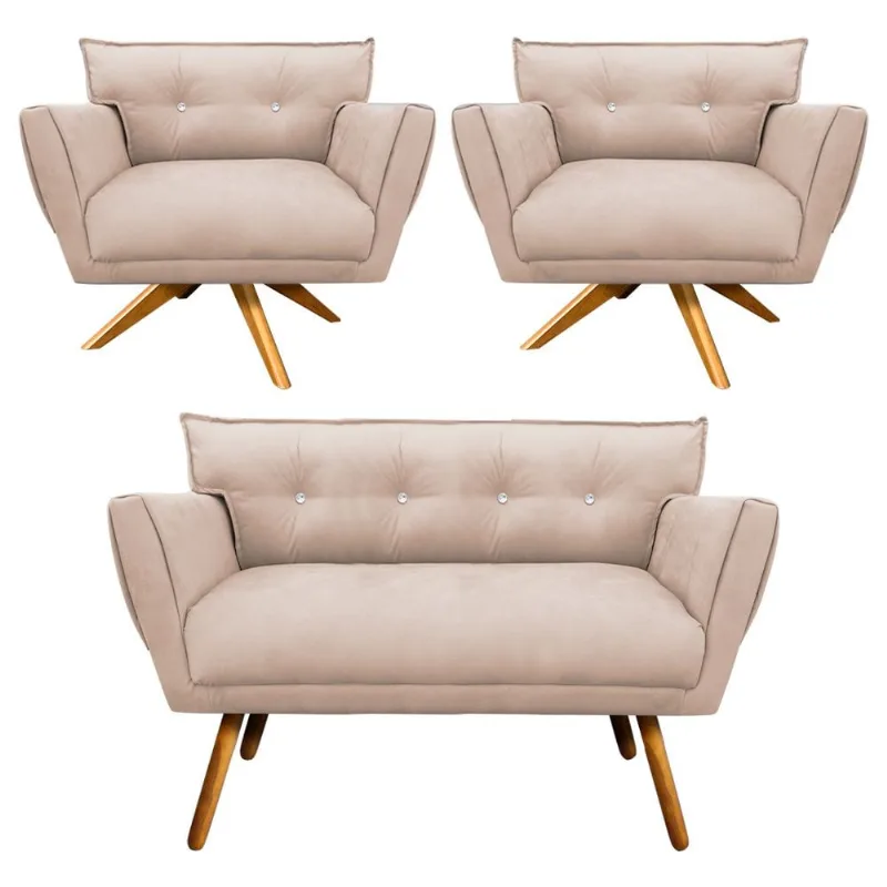 Kit 1 Namoradeira 2 Lugares e 2 Poltronas Giratória Anitta com Strass Suede Pés Palito Castanho Bege