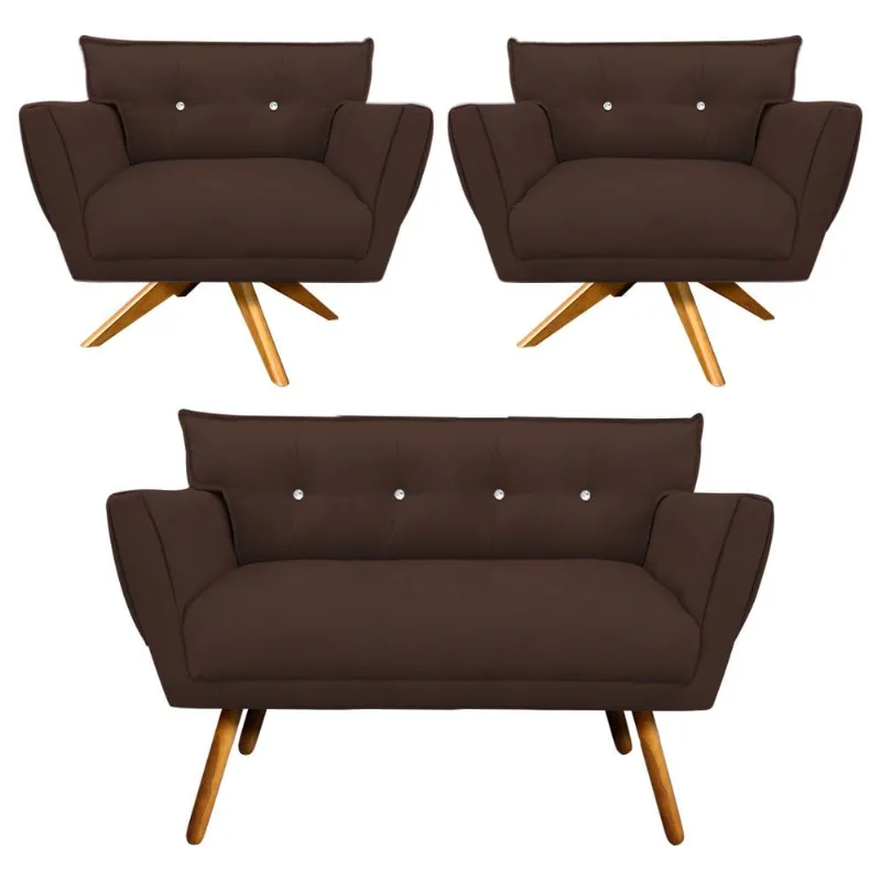 Kit 1 Namoradeira 2 Lugares e 2 Poltronas Giratória Anitta com Strass Suede Pés Palito Castanho Marrom