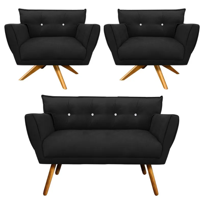 Kit 1 Namoradeira 2 Lugares e 2 Poltronas Giratória Anitta com Strass Suede Pés Palito Castanho Preto