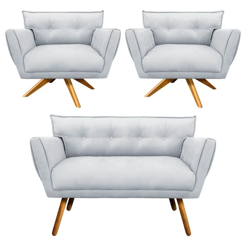 Kit 1 Namoradeira 2 Lugares e 2 Poltronas Giratória Anitta com Strass Suede Pés Palito Castanho Cinza