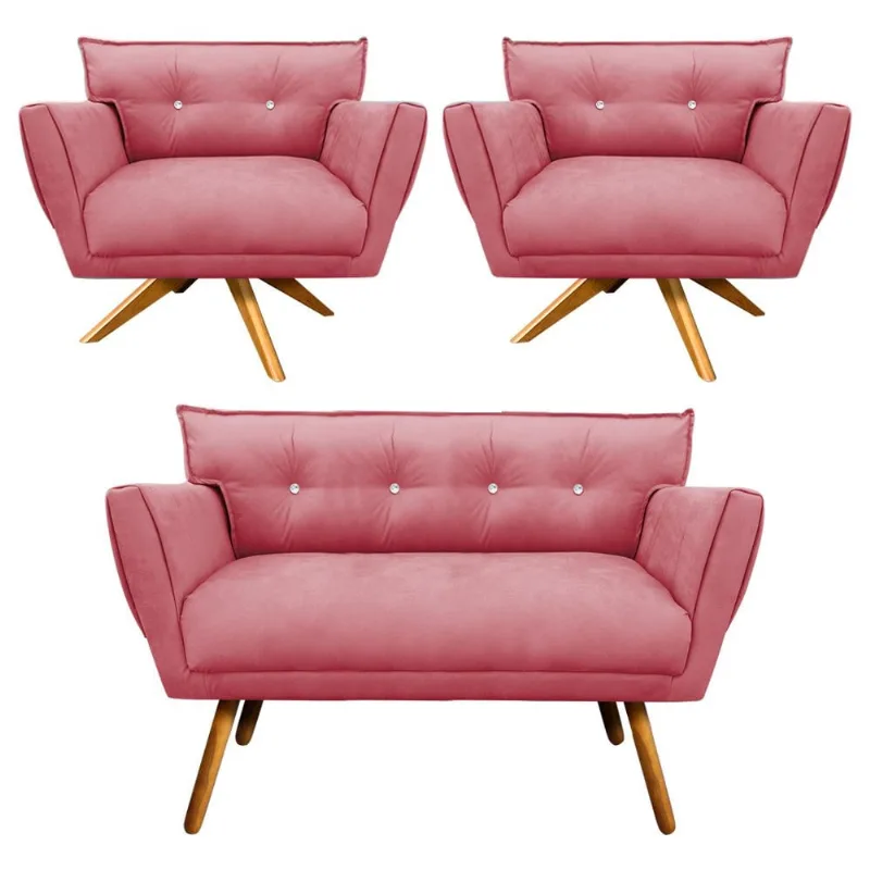 Kit 1 Namoradeira 2 Lugares e 2 Poltronas Giratória Anitta com Strass Suede Pés Palito Castanho Rose