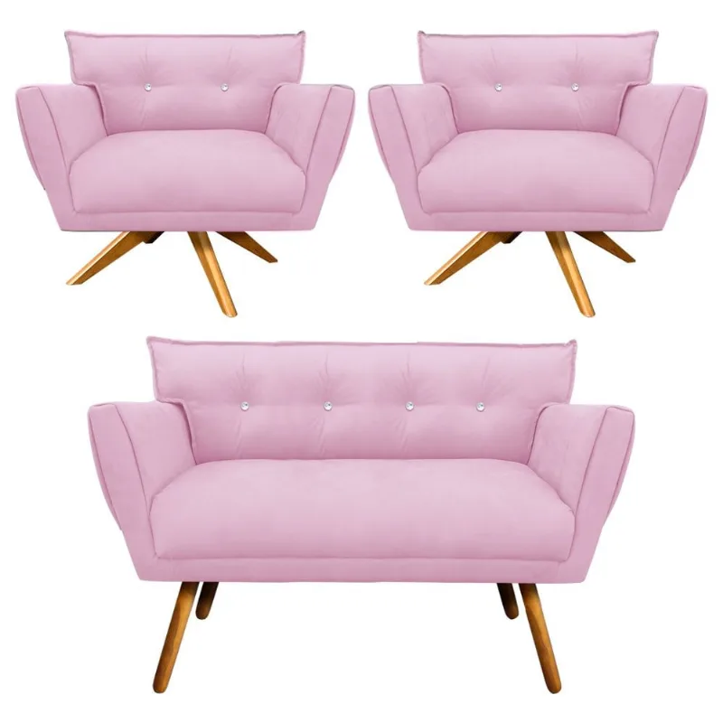 Kit 1 Namoradeira 2 Lugares e 2 Poltronas Giratória Anitta com Strass Suede Pés Palito Castanho Rosa Bebê
