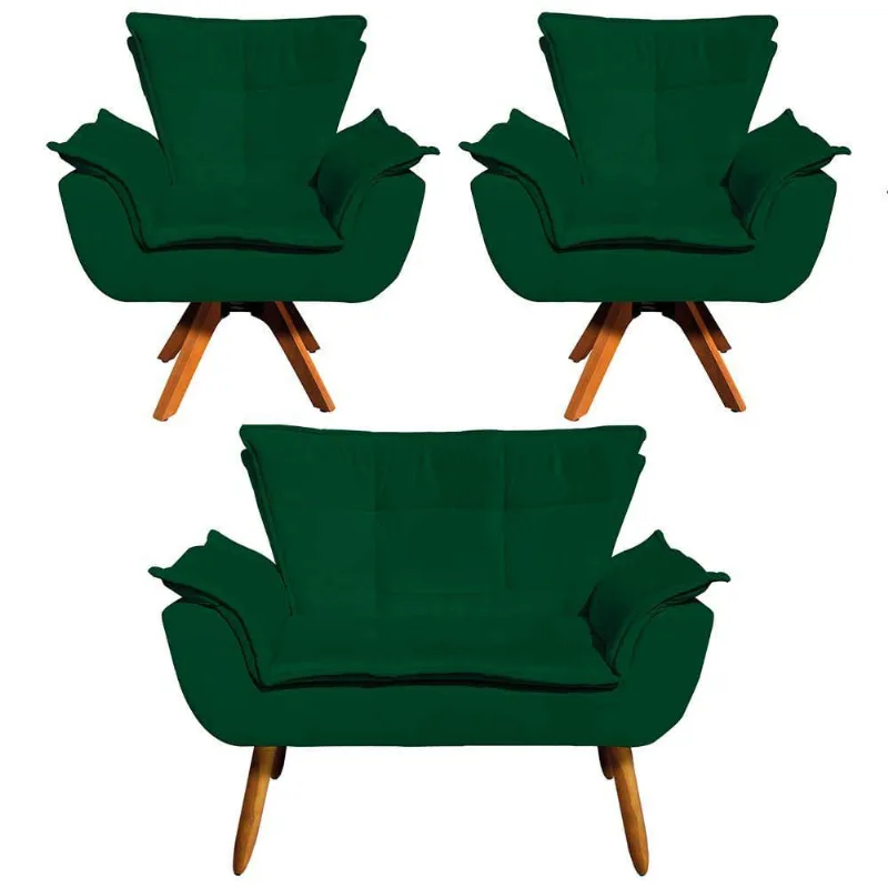 Kit 01 Namoradeira E 02 Poltronas Opala Suede Verde