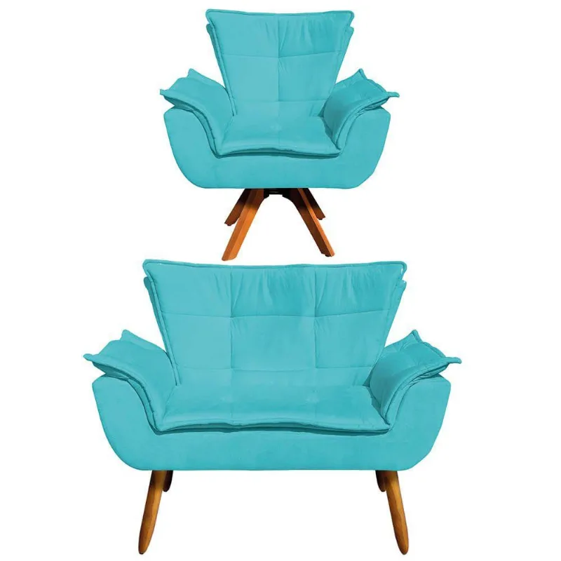 Kit 1 Namoradeira e 1 Poltrona Giratória Opala Azul Turquesa