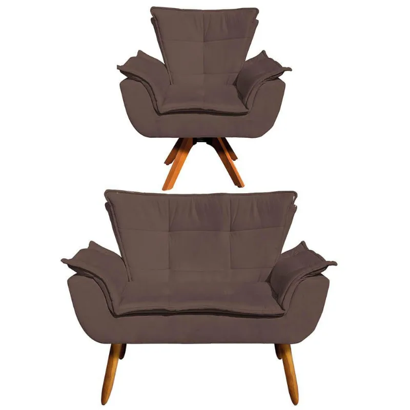 Kit 1 Namoradeira e 1 Poltrona Giratória Opala Suede Marrom