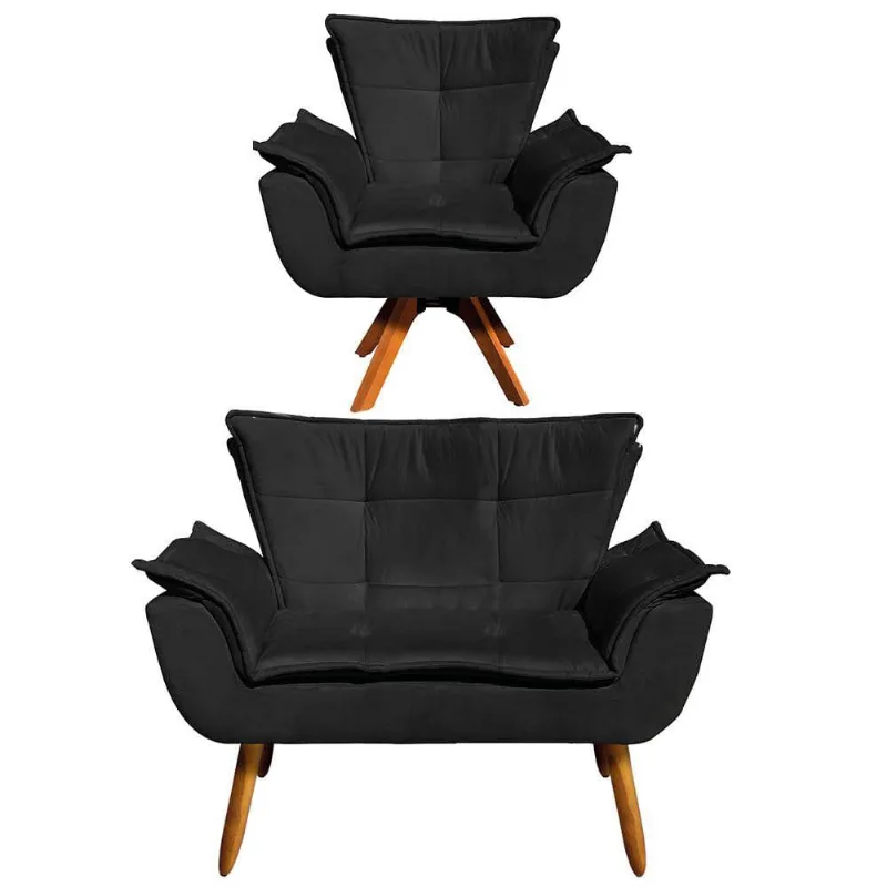 Kit 1 Namoradeira e 1 Poltrona Giratória Opala Suede Preto