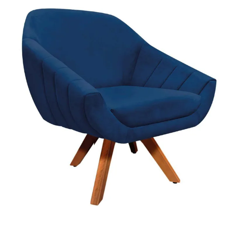 Poltrona Giratória Giovana Suede Base Madeira Drossi azul Marinho