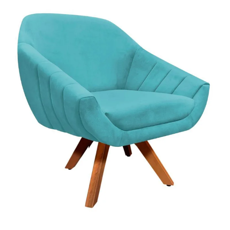 Poltrona Giratória Giovana Suede Base Madeira azul Turquesa