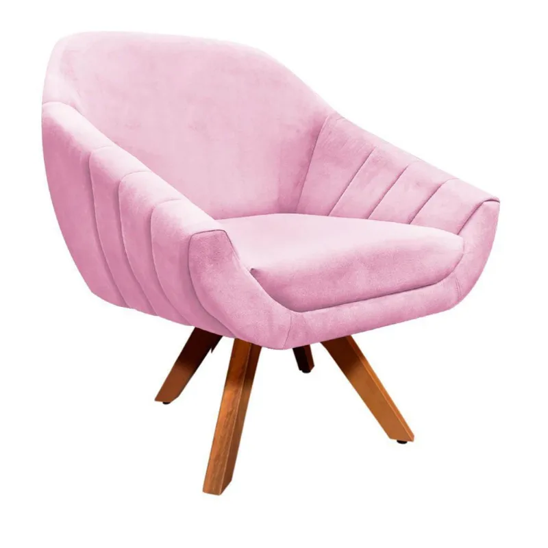 Poltrona Giratória Suede Base Madeira Drossi rosa Bebê