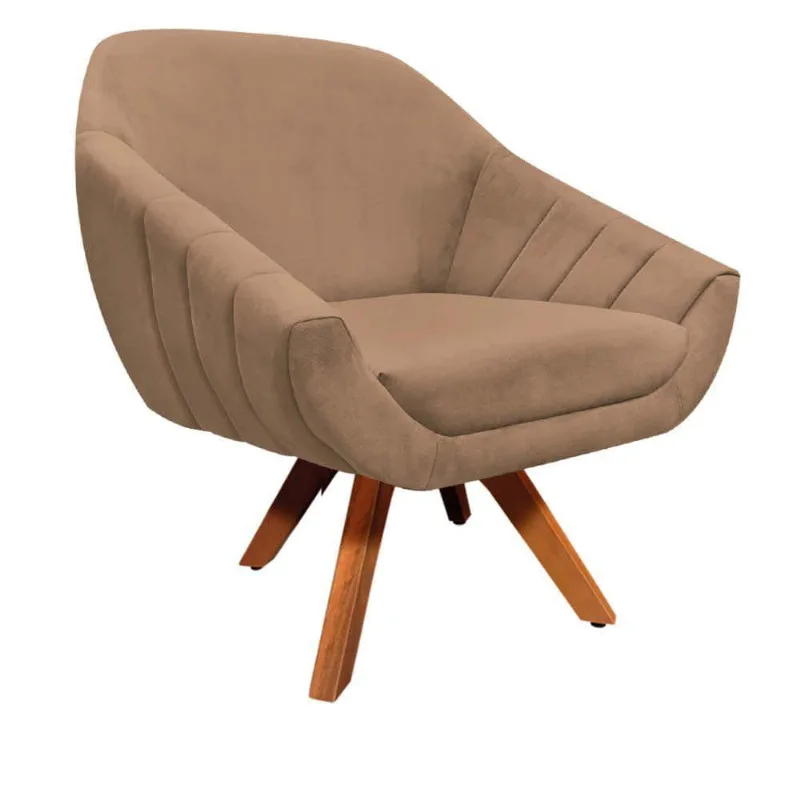 Poltrona Giratória Giovana Suede Base Madeira Caramelo