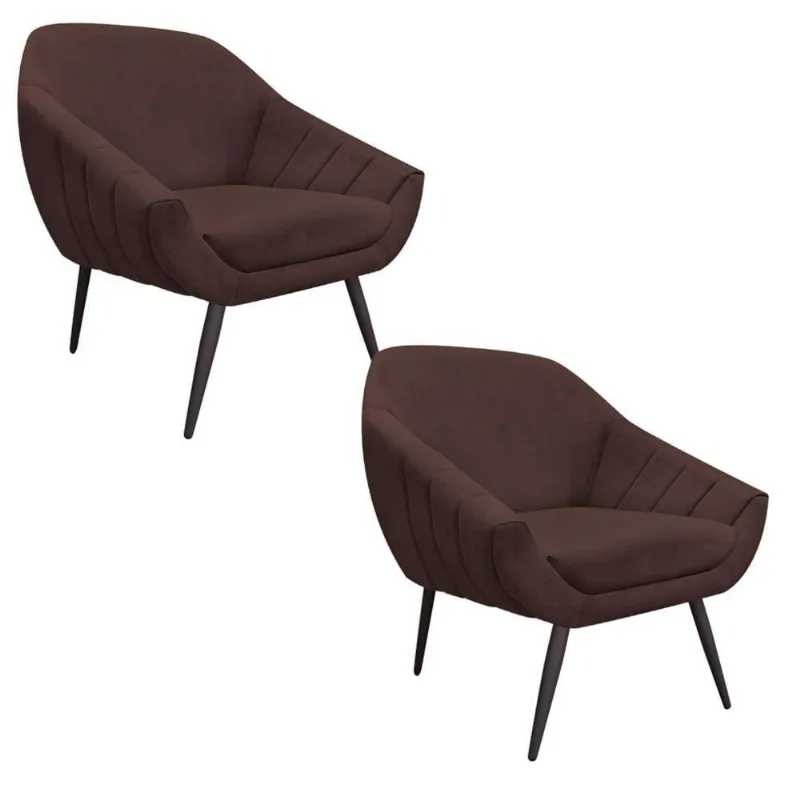 Kit 02 Poltronas Giovana Suede Marrom Pés Palito Ferro