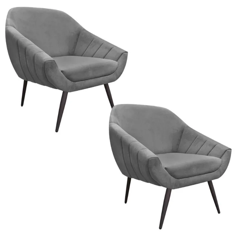 Kit 02 Poltronas Giovana Suede Grafite Pés Palito Ferro