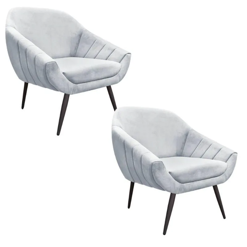 Kit 02 Poltronas Giovana Suede Cinza Pés Palito Ferro Drossi