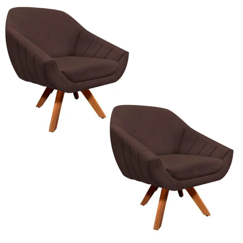 Kit 02 Poltronas Giratória Giovana Suede Marrom Base Madeira