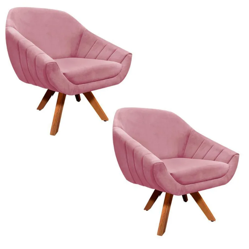 Kit 02 Poltronas Giratória Giovana Suede Base Madeira Rose