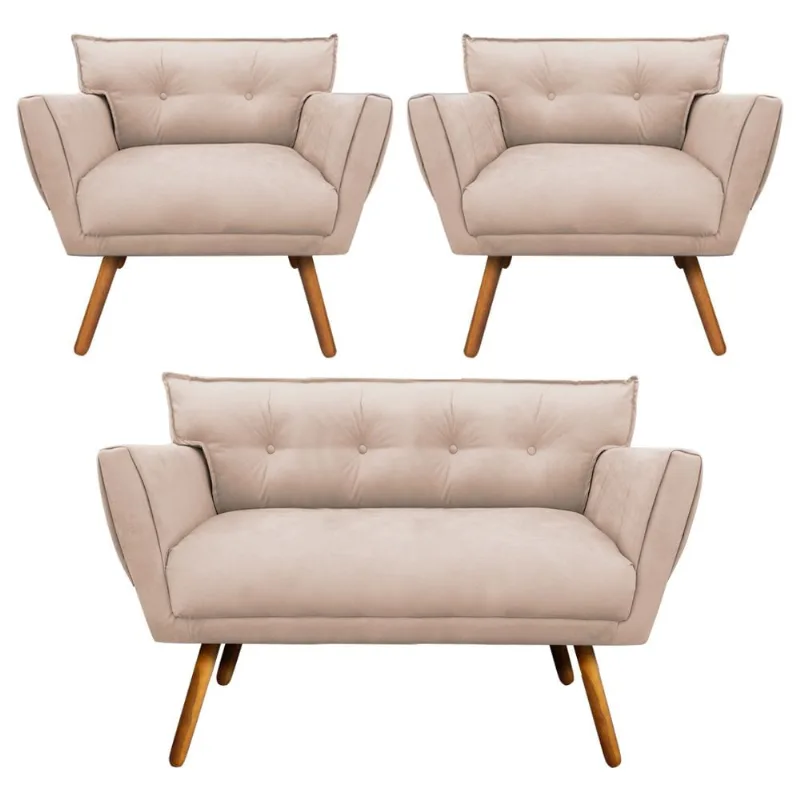 Kit 1 Namoradeira 2 Lugares e 2 Poltronas Anitta Suede Pés Palito Castanho - D'Rossi Bege