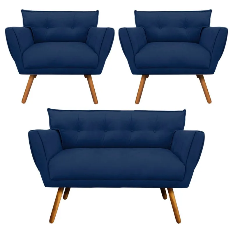 Kit 1 Namoradeira 2 Lugares e 2 Poltronas Anitta Suede Pés Palito Castanho - D'Rossi Azul Marinho