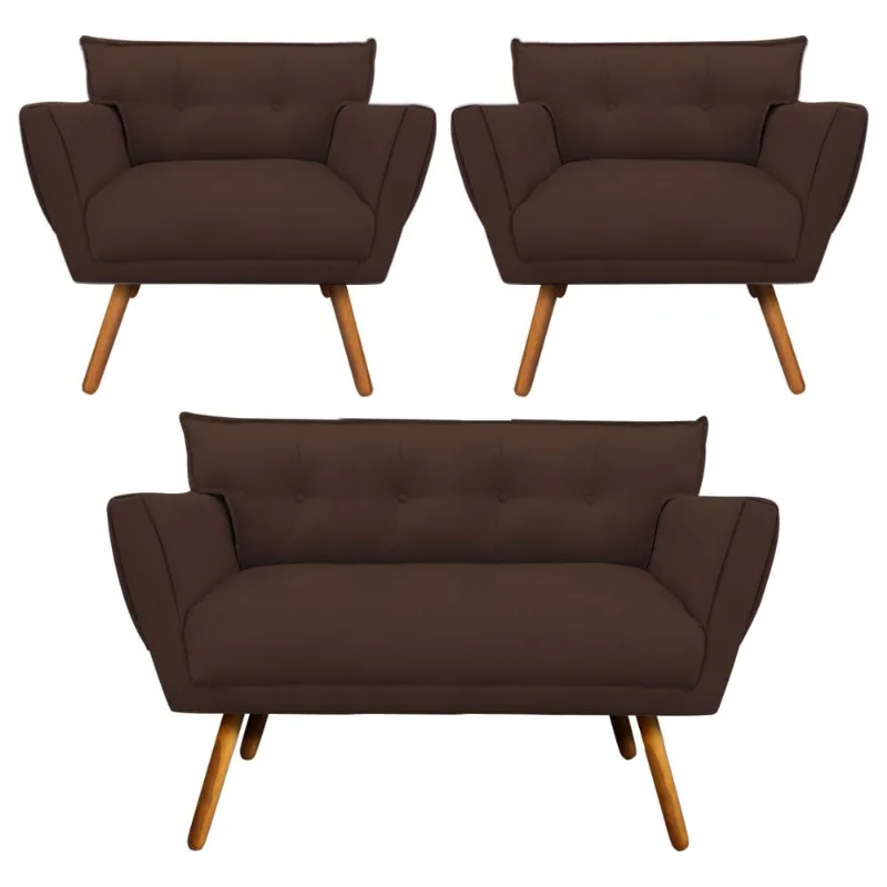Kit 1 Namoradeira 2 Lugares e 2 Poltronas Anitta Suede Pés Palito Castanho - D'Rossi Marrom