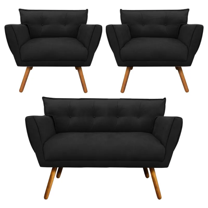Kit 1 Namoradeira 2 Lugares e 2 Poltronas Anitta Suede Pés Palito Castanho - D'Rossi Preto