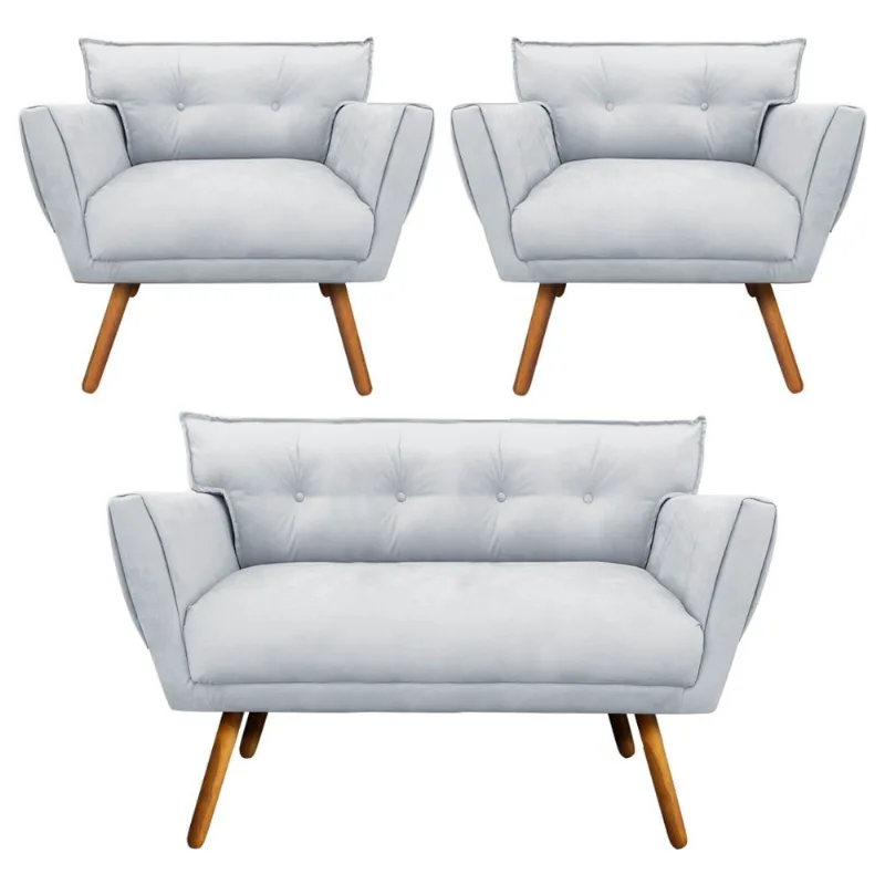 Kit 1 Namoradeira 2 Lugares e 2 Poltronas Anitta Suede Pés Palito Castanho - D'Rossi Cinza
