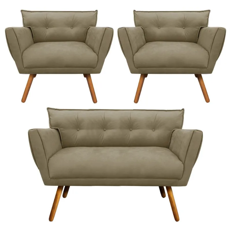 Kit 1 Namoradeira 2 Lugares e 2 Poltronas Anitta Suede Pés Palito Castanho - D'Rossi Marrom Rato