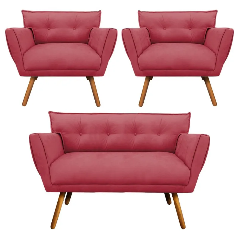 Kit 1 Namoradeira 2 Lugares e 2 Poltronas Anitta Suede Pés Palito Castanho - D'Rossi Rose