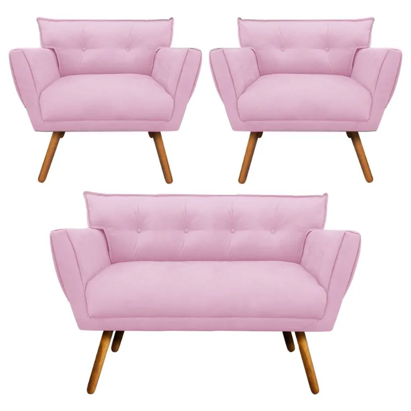 Kit 1 Namoradeira 2 Lugares e 2 Poltronas Anitta Suede Pés Palito Castanho - D'Rossi Rosa Bebê