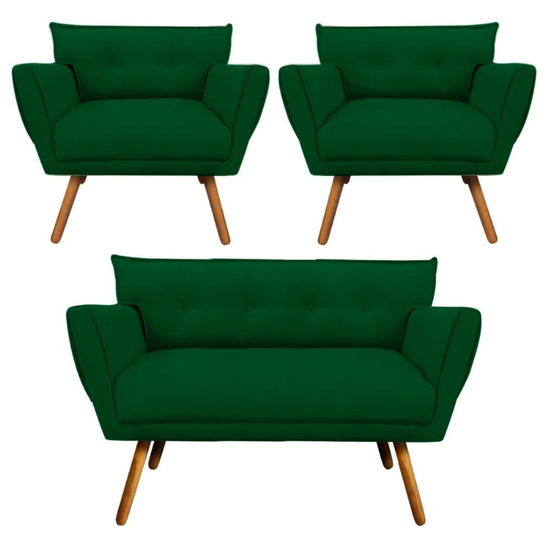 Kit 1 Namoradeira 2 Lugares e 2 Poltronas Anitta Suede Pés Palito Castanho - D'Rossi Verde