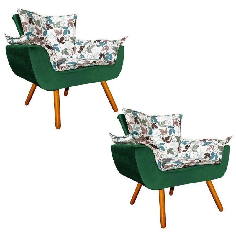 Kit 02 Poltronas Opala Folhas D68 e Veludo Verde Esmeralda