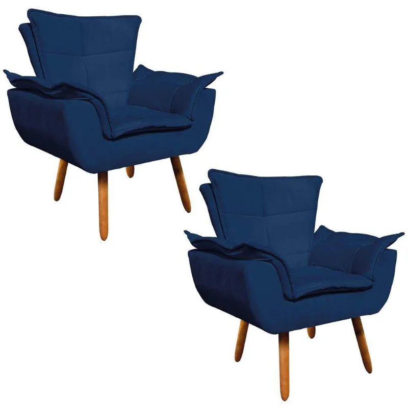 Kit 02 Poltronas Opala Suede Azul Marinho Pés Palito